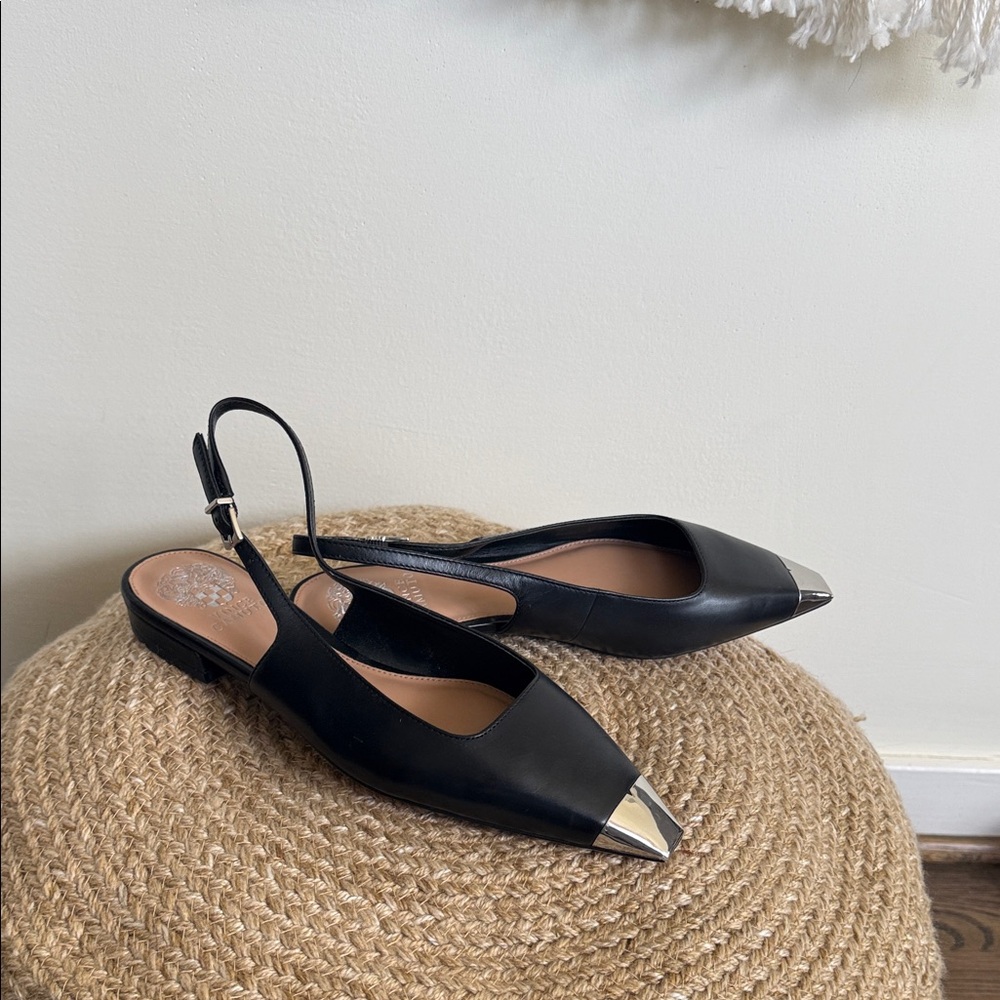 Vince Camuto Black Leather Slingback Pumps with Silver Toe Cap Detail